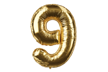 Gold number nine balloon on black background