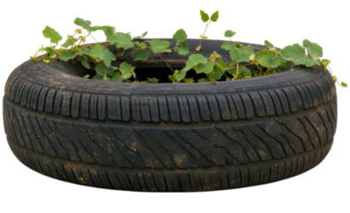 A worn black tire with green vine leaves growing through its center, symbolizing nature reclaiming an old, discarded object.