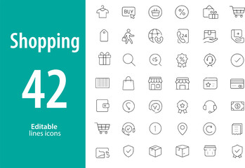 Shopping Line Icons, Cart, Bag, Wishlist, Credit Card, Checkout, Discount Tag, Storefront, and More , Editable Formats: AI, EPS, JPG, PNG , Ideal for Both Digital and Print Use