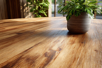 Wooden surface with potted plant wood grain brown