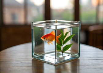 A vibrant orange goldfish swims gracefully in a clear, square glass aquarium with a green plant, sitting on a wooden table near a window