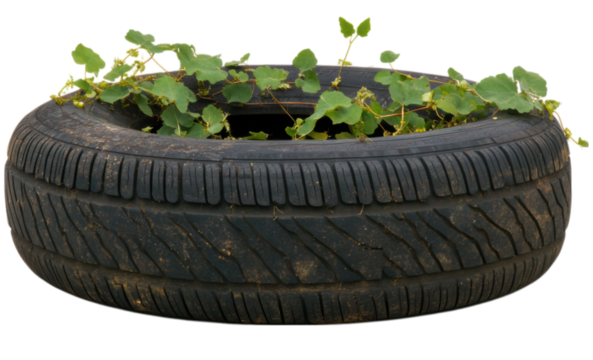 A worn black tire with green vine leaves growing through its center, symbolizing nature reclaiming an old, discarded object.