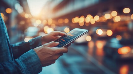 Person using phone with blurred cityscape backdrop