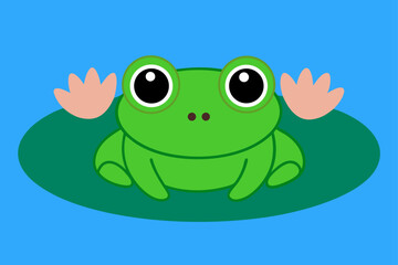 Green Frog in Pond with Water Lilies Scene