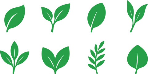 Minimal green leaf icons set featuring natural herbal foliage in flat vector style for eco, organic, and botanical design themes