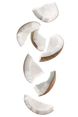 Pieces of coconut falling in space. Isolated on white