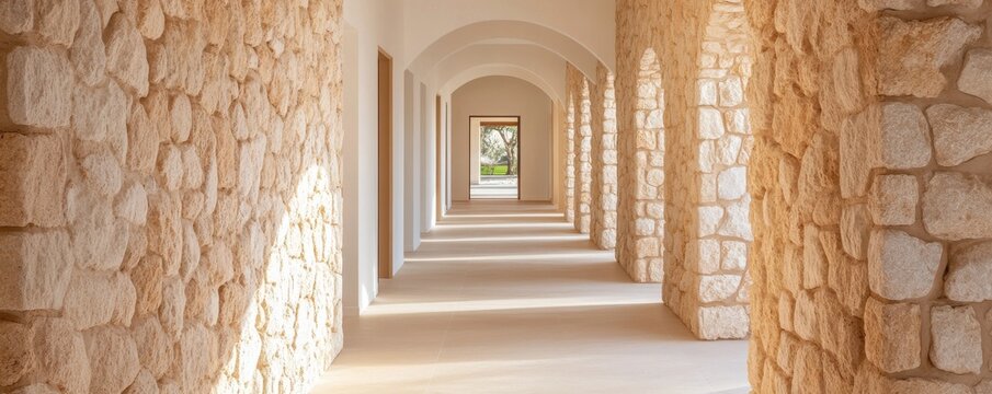 Arched Stone Hallway with Natural Light, Architecture, Interior - Powered by Adobe