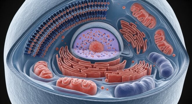 Detailed cross-section of a vibrant animal cell illustrating its internal organelles and their intricate structures