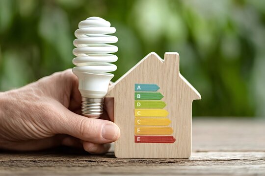 Hand is holding energy saving light bulb and small wooden house with energy efficiency rating, promoting energy conservation and eco friendly housing