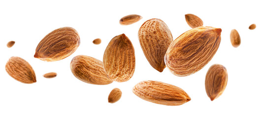 Whole almonds flying and levitating in space. Isolated on white