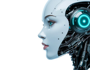Futuristic Half Human, Half Robot Face with LED Details, Isolated on White Background