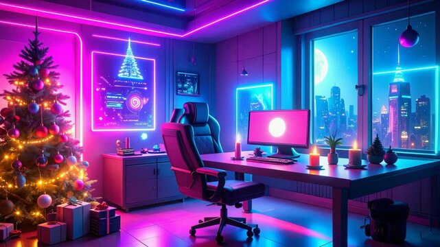 Futuristic christmas setup illuminating a cyberpunk themed room with neon lights.