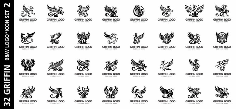 Set of 32 black and white griffin logos in unique vector style. Perfect for fantasy branding, heraldic emblems, and creative design projects.