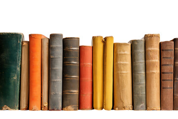 Row of vintage books on a dark background.