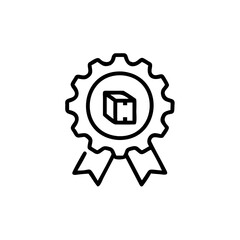 Handdrawn badge with a gear shape a circle a cube icon on a award ribbon