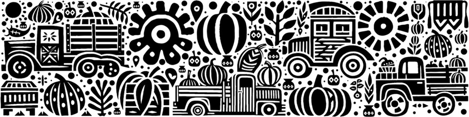 Hand‑Drawn Pumpkin Truck Illustration, Tribal Harvest Folk Art Pattern Vector for Autumn and Farming Adventure Themes Design