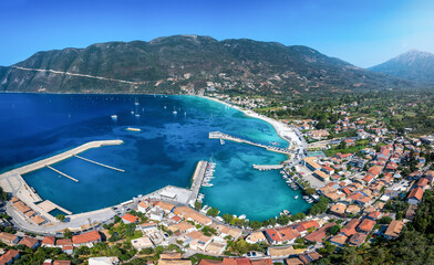 Aerial view of the little village and marina of Vassiliki at Lefkada island, Ionian Sea, Greece,...