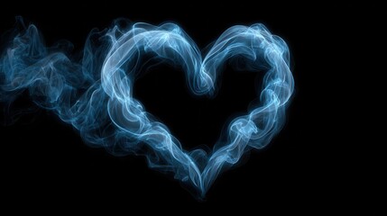 A captivating swirl of blue smoke forms a heart shape against a black background, signifying love and passion, This image is perfect for use in romantic themes, invitations, or digital art projects,