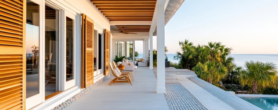 Coastal Veranda Retreat Wooden Shutters, Ocean View and Relaxing Space, beach house, architecture