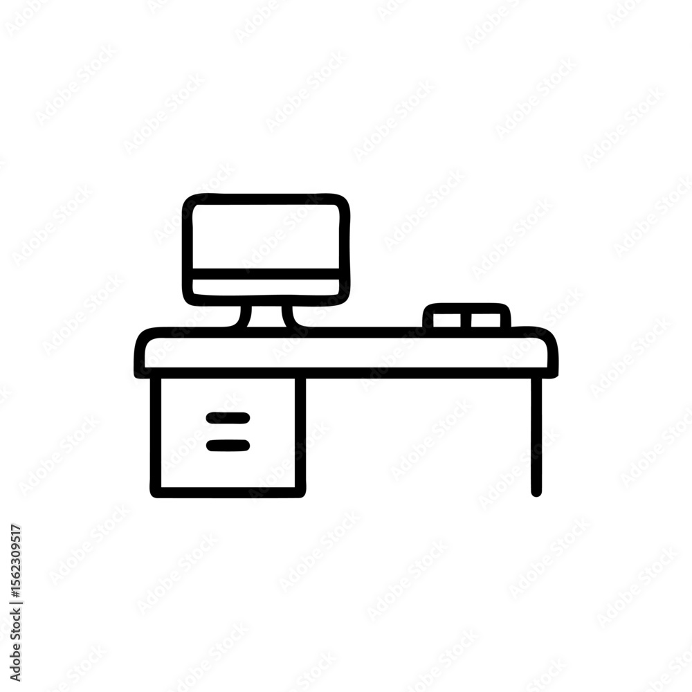 Fototapete Handdrawn desk with computer monitor drawer simple office workspace icon on screen