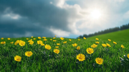 Obraz premium Vibrant field of yellow wildflowers under dramatic storm clouds with sunlight breaking through, creating serene yet dynamic atmosphere. lush green grass enhances natural beauty