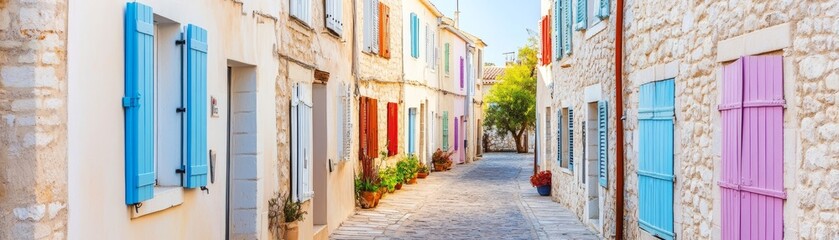 Fototapeta premium Colorful Shutters on Stone Buildings, Mediterranean Street Scene, architecture , travel