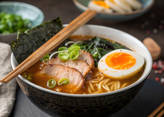 A bowl of ramen with sliced pork, soft-boiled egg, seaweed, and green onions