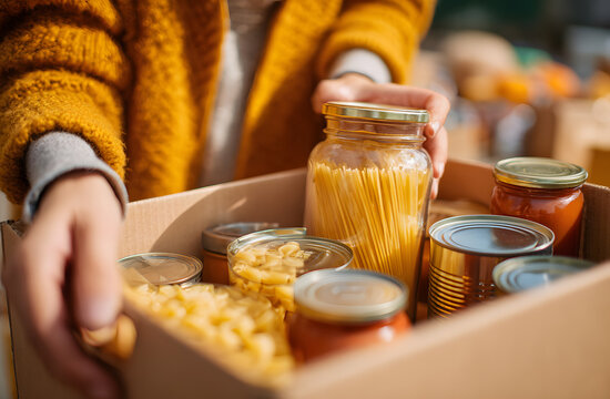 Woman filling in food donation box. Pasta, cereals, various canned food in a carboard box. National food bank day or food delivery background