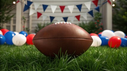 Football on grass with festive decorations and balloons in the background. independence day concept