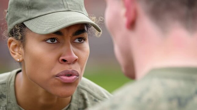 A drill sergeant barking orders at recruits during basic combat training for military and army soldiers