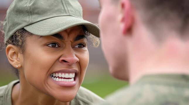 A drill sergeant barking orders at recruits during basic combat training for military and army soldiers