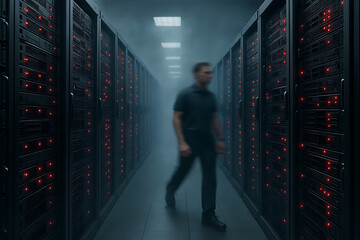 Server Room Alert with Technician Walking Through Rows of Blinking Server Racks and Red Lights