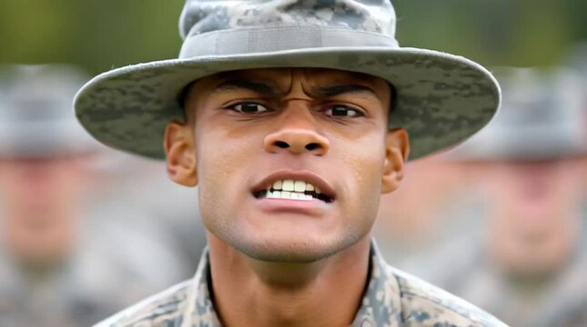 A drill sergeant barking orders at recruits during basic combat training for military and army soldiers