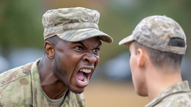 A drill sergeant barking orders at recruits during basic combat training for military and army soldiers