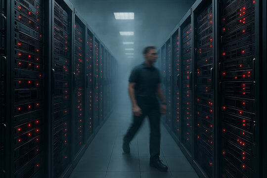 Server Room Alert with Technician Walking Through Rows of Blinking Server Racks and Red Lights