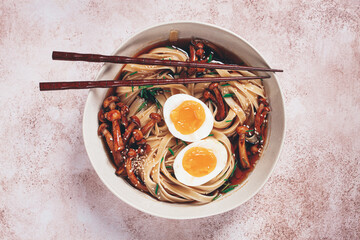 buckwheat noodles soba with shimeji mushrooms, with boiled egg, green onion, sesame seeds,...
