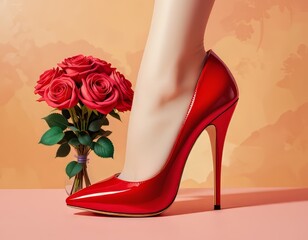 Un zapato de mujer de tacón alto de color rojo con un ramo de rosas colocado elegantemente a su lado
