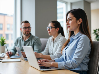 Obraz premium Professional Office Woman at Work – Businesswoman Working on Laptop in Modern Workspace