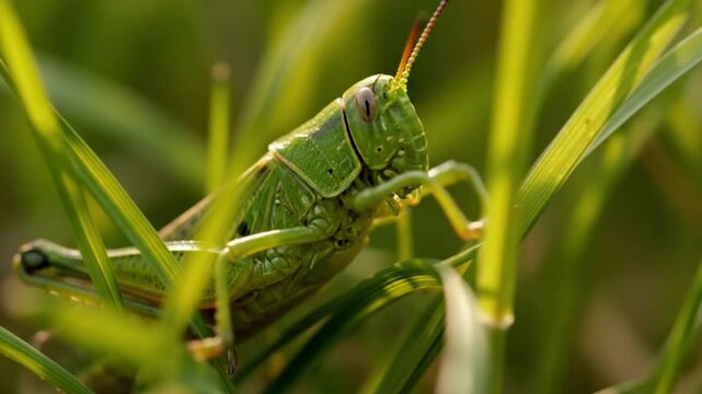 Macro close-up of a vibrant green grasshopper perched on a blade of grass in a sunny summer meadow, calmly chewing in its natural habitat with beautiful bokeh background.