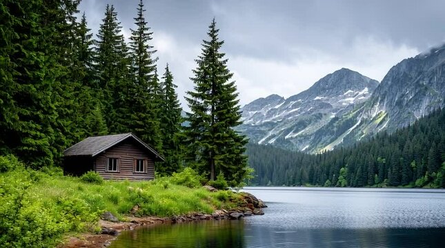 A rustic log cabin in the woods by the lake with mountains in the background - idyllic outdoor vacation cabin in a natural landscape
