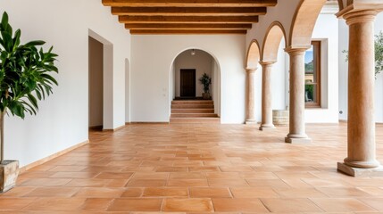 Elegant Interior with Arches, Beams and Tile Floor, architecture, design
