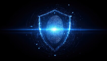 Obraz premium A glowing blue fingerprint inside a shield on a dark background with a bright light effect security