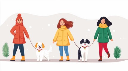 Fototapeta premium Three women in colorful winter coats walking their dogs in a snowy landscape, perfect for promoting pet care, winter fashion, or lifestyle themes in advertising and social media,