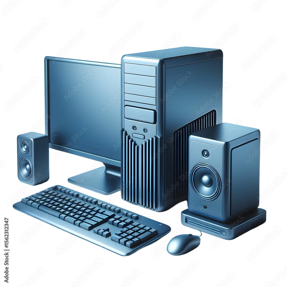 Poster modern computer system with monitor keyboard mouse and speakers isolated on transparent background