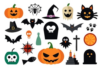 Flat Design Halloween Icons: Pumpkins, Bats, Ghosts, and Witch Hats for Festive Celebrations
