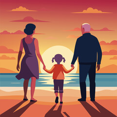 Family Sunset Beach Walk Grandparents, Child, and Ocean View