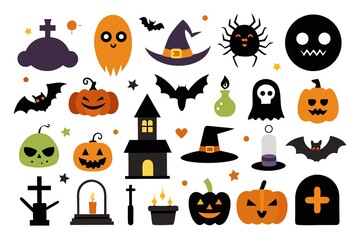 Cute Halloween Icons: Flat Design, Spooky and Playful Pumpkins, Bats, Ghosts, Witches' Hats, and More.