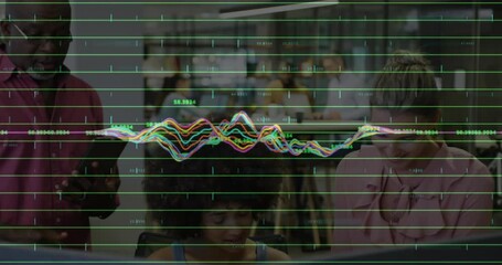 Man entering with phone showing it to designers in retail office, waveform overlay pulsing teamwork - Powered by Adobe