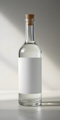 Glass Bottle with Cork Stopper and Blank Label on Neutral Background