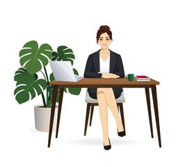 Elegant beautiful business woman in suit using laptop computer sitting at desk. Full body isolated vector illustration